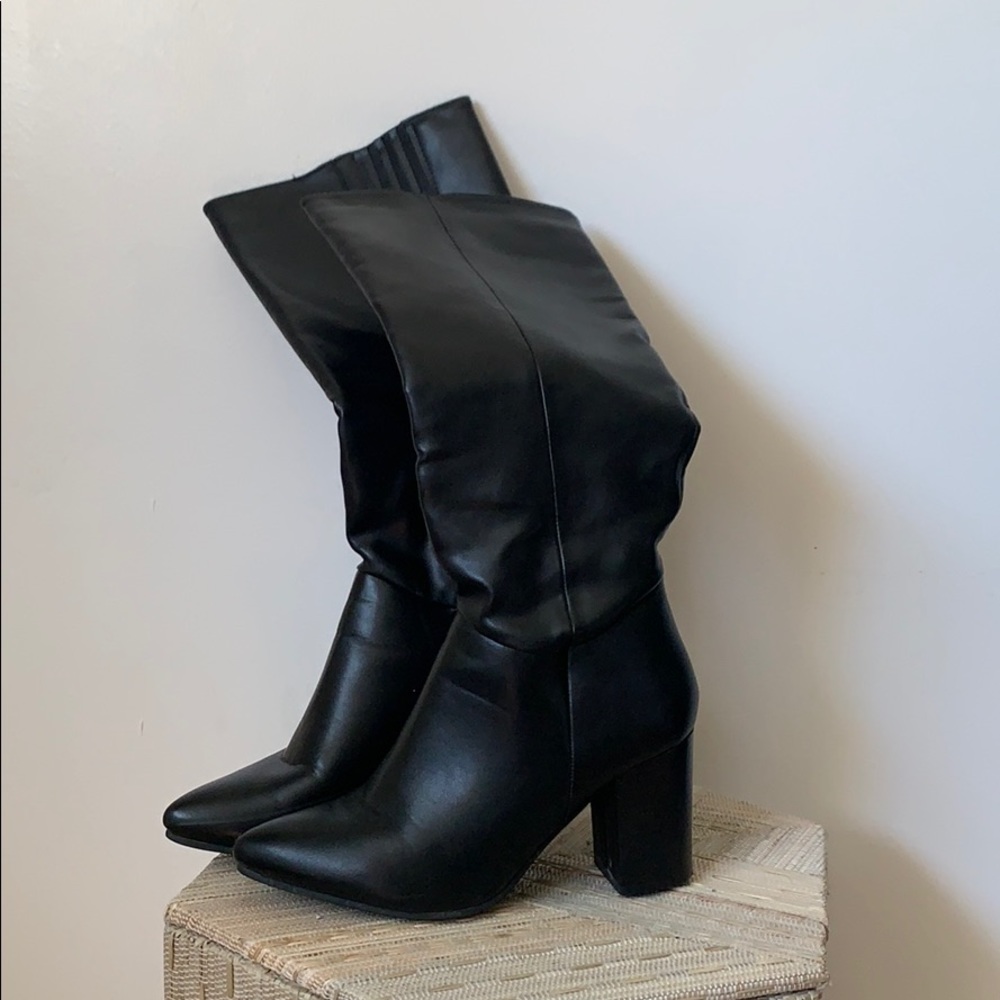 Black Faux Leather Knee High Boots